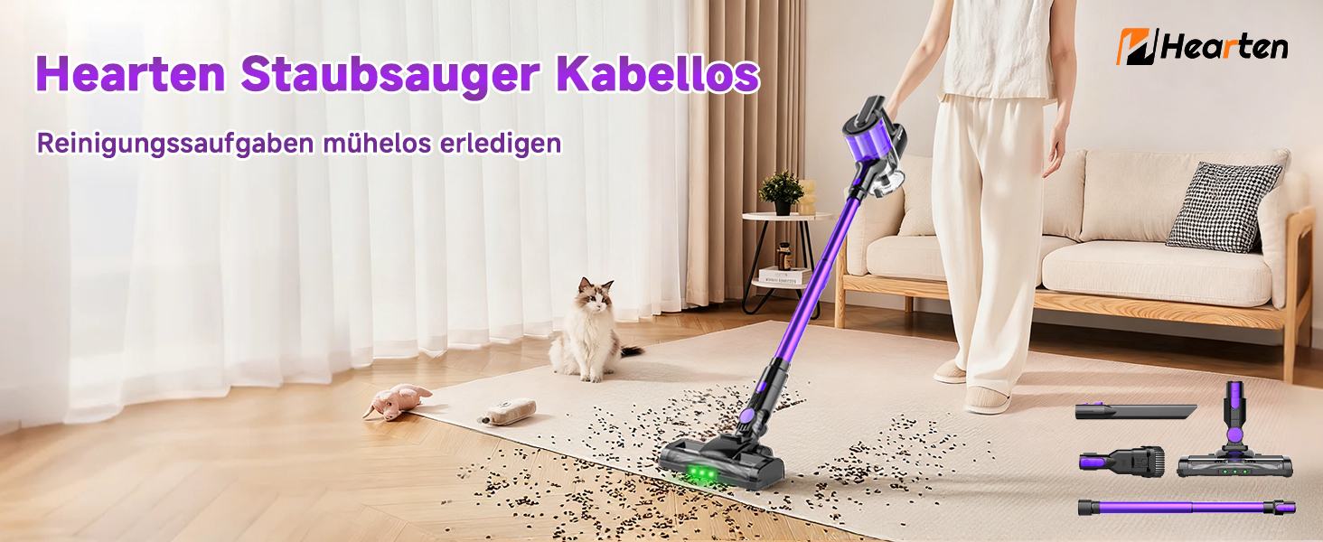 Бездротовий акумуляторний пилосос Hearten 4-в-1 з LED дисплеєм та антизаплутувальною насадкою, сенсорне управління, для видалення шерсті тварин, килимів та твердих поверхонь (фіолетовий)