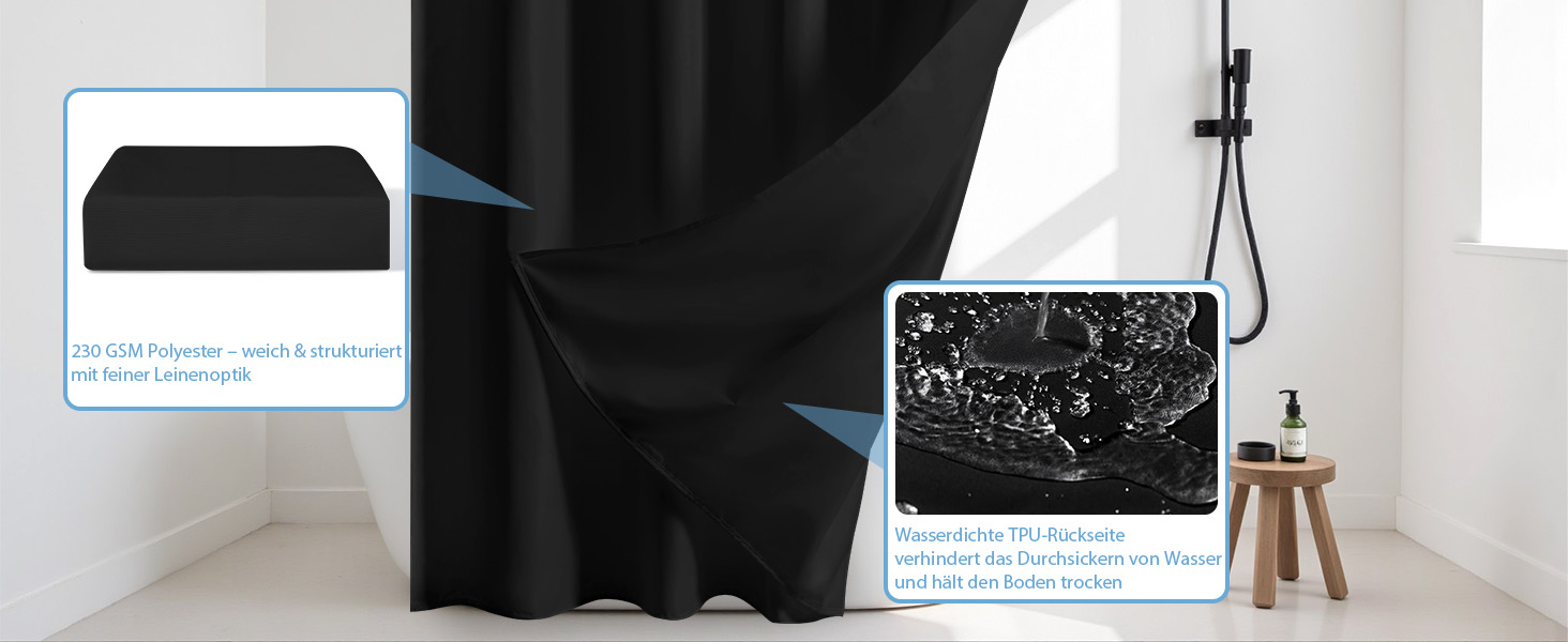 Штора для душу водонепроникна з льоном та віконцем, 183x183 см, чорна + 12 гачків з нержавіючої сталі