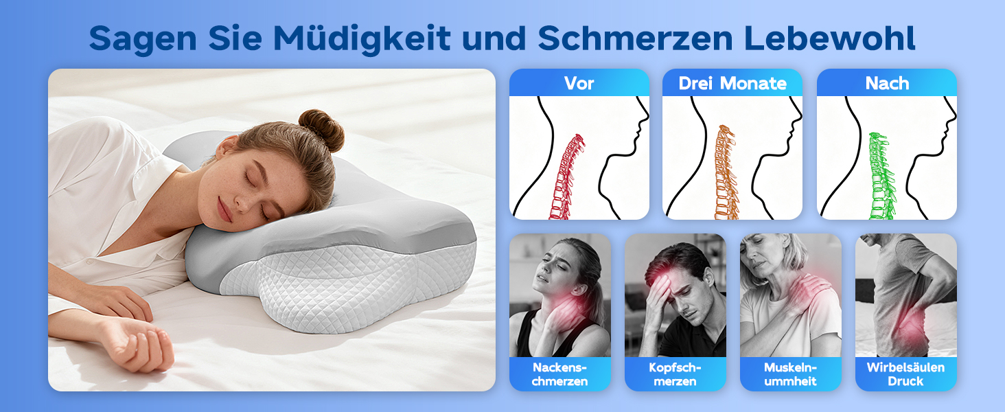 Подушка Ecliptron з піною з пам'яті: ергономічна подушка для шиї, дихаюча, знімний чохол, для тих, хто спить на боці, спині та животі (сіра)