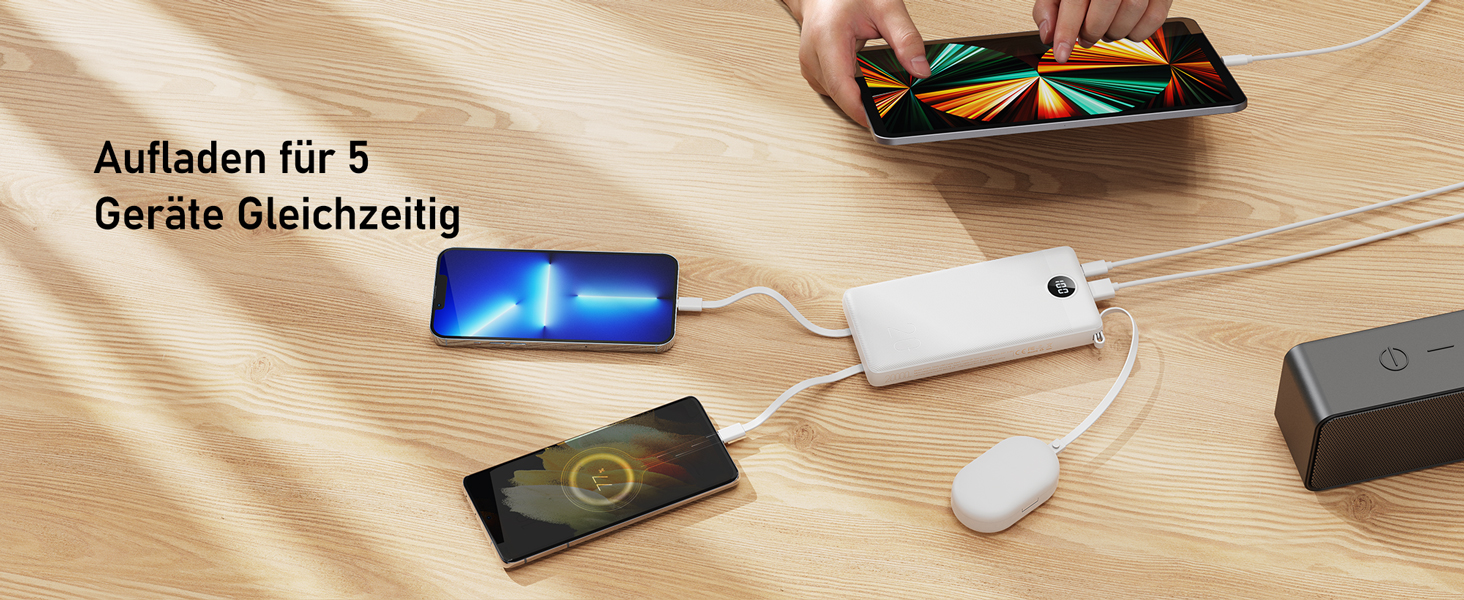 Power Bank VEEKTOMX 20000mAh з 5 виходами та 2 входами, білий. Портативний акумулятор для iPhone, iPad, Samsung, Xiaomi, Google Pixel