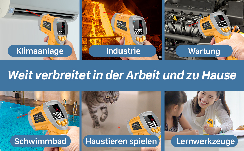 Інфрачервоний термометр Eventek -50°C ~ 600°C з лазером, регулюванням випромінювання та LCD-дисплеєм для гриля, піци, кухні та промисловості (жовтий)