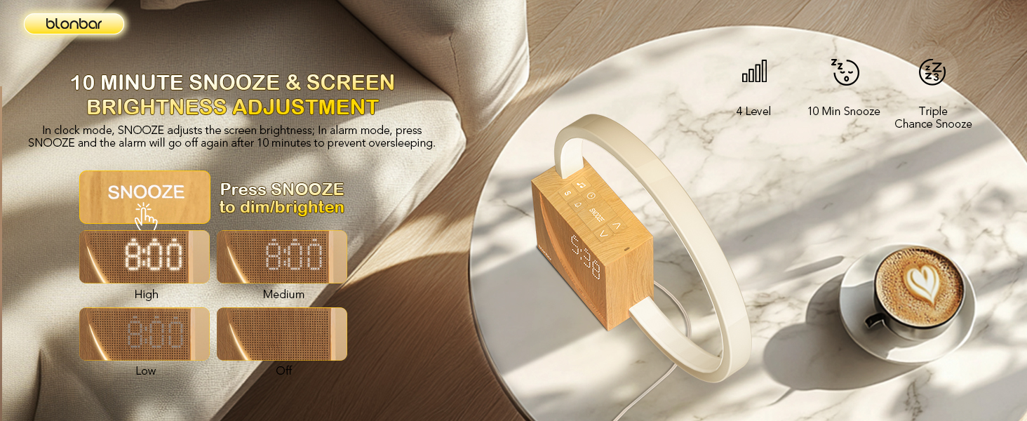 Нічна лампа Blonbar 10W з USB-зарядкою, будильник-світло, сенсорне керування, регулювання яскравості, нічник для дітей та дорослих, 3 рівні яскравості, для спальні та вітальні