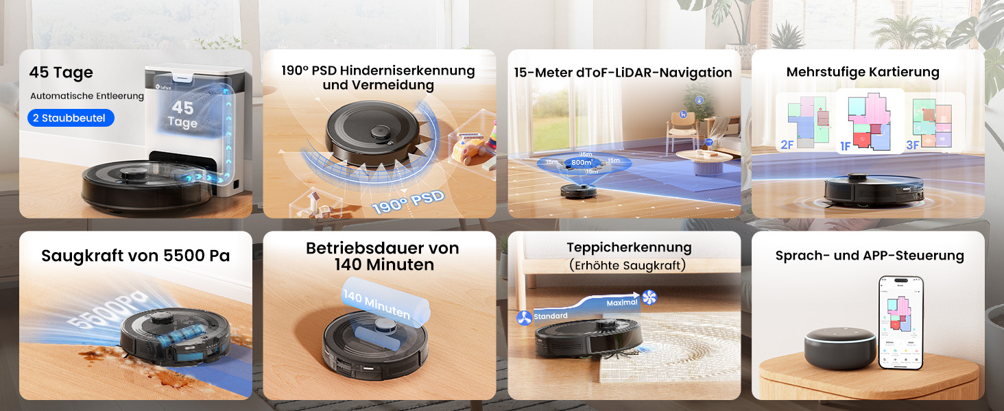 Робот-пилосос LEFANT M1 Pro: з картографією, функцією миття, 5500Pa, для тварин, керування через додаток/Alexa, білий/чорний