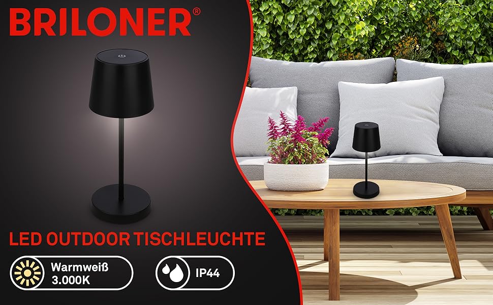 LED лампа BRILONER настільна бездротова, диммирувана торшер, USB-C, для дому та кемпінгу, Ø105x260 мм, чорна