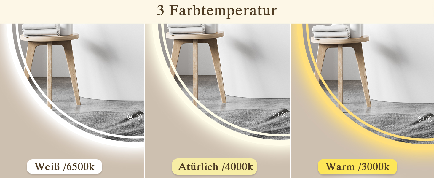 Дзеркало для ванної кімнати з підсвічуванням LED, антизапар, сенсорне управління, регулювання яскравості, 3 кольори світла, функція пам'яті, захист від вибуху, кругле дзеркало 50 см