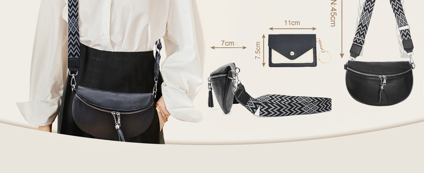 Жіноча сумка через плече з широким ременем, поясна сумка з натуральної шкіри, стильна з багатьма відділеннями для карток, кросбоді, гаманець (чорний)