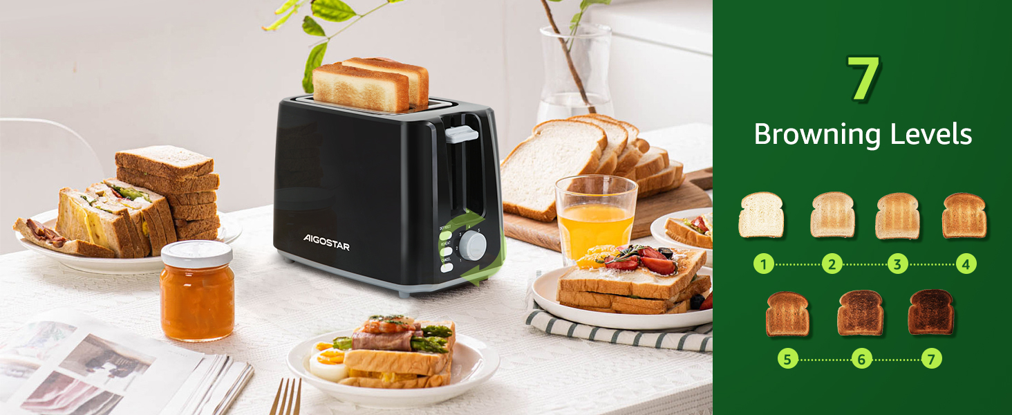 Тостер Aigostar 750W з 7 рівнями підсмажування, функціями розморожування та підігріву, 2 слоти для тостів, чорний