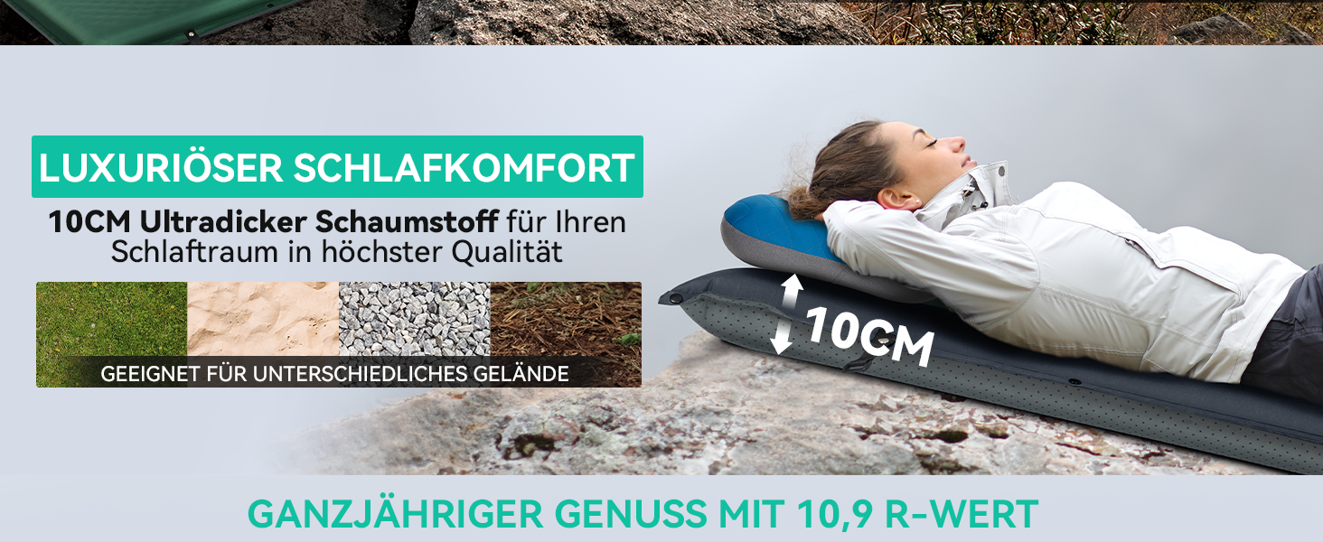 Каремат HIKENTURE самонадувний, 10 см товщини, для кемпінгу, туризму та подорожей, сірий