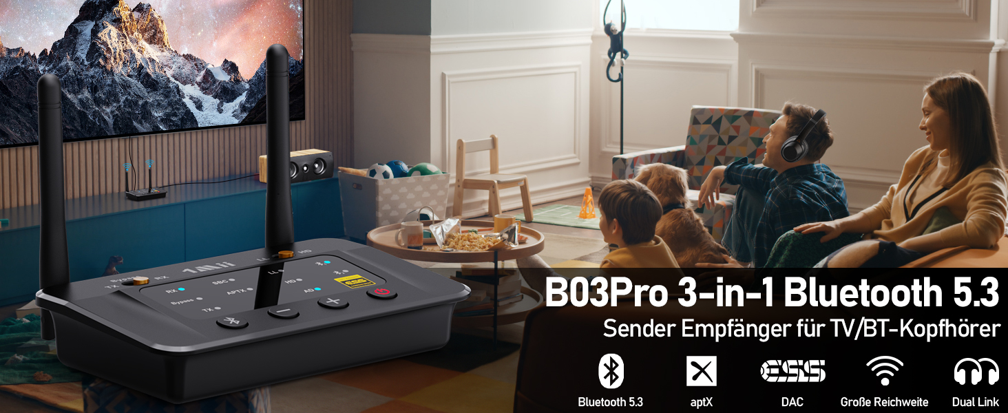 HiFi Bluetooth адаптер 1Mii B03Pro+ з підтримкою LDAC, передавач та приймач для телевізора та стереосистем