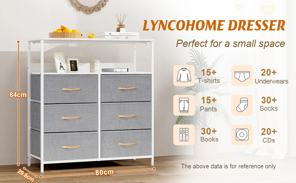 LYNCOHOME Chest of Drawers with Fabric Drawers, Sideboard Entryway Cabinet with 6 Fabric Drawers and Compartments, Drawer Organizer Furniture for Kitchen Office Bedroom (Snow Grey)