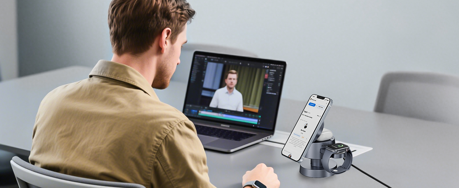 База для бездротової зарядки 4-в-1 для iPhone 17/16/15/14 Pro Max з нічним світлом, сумісна з Apple Watch та AirPods (сіра)