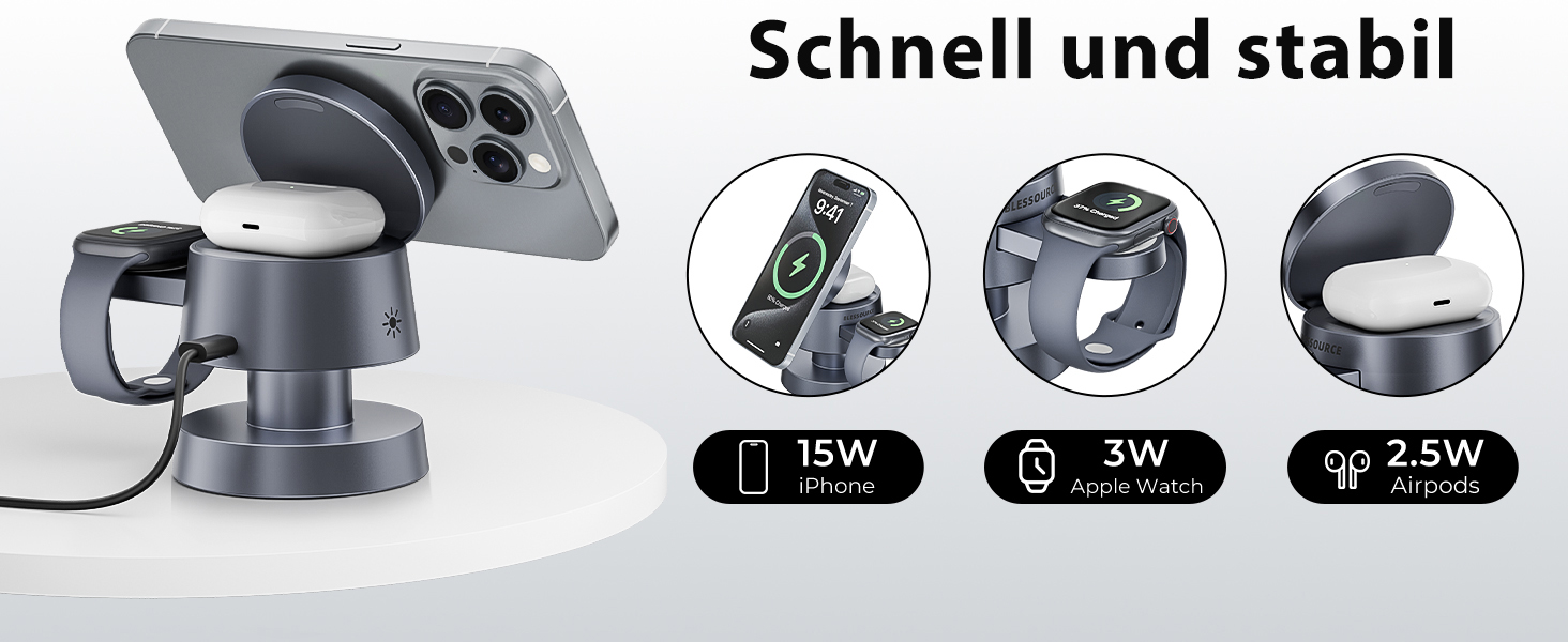 База для бездротової зарядки 4-в-1 для iPhone 17/16/15/14 Pro Max з нічним світлом, сумісна з Apple Watch та AirPods (сіра)