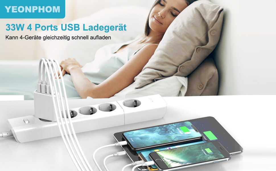 Багатопортовий зарядний пристрій USB з Quick Charge 3.0, 33W, 4 порти для iPhone 16/15/14/13/12/11/X, Samsung S24/S23/S21 та смартфонів