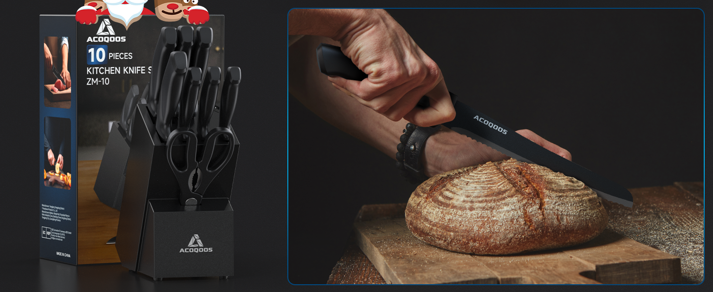 ACOQOOS 14-Piece Knife Block Set with Sharpener - Professional Kitchen Knife Set, Black