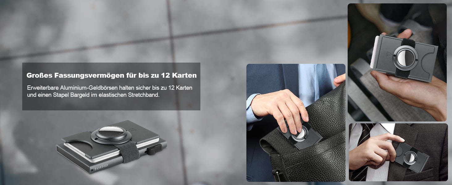 Чоловічий гаманець TOYFID з відділом для AirTag, 12 слотів для карток, відділення для паперових грошей, RFID захист, швидкодіюча кнопка виштовхування, алюміній, сірий