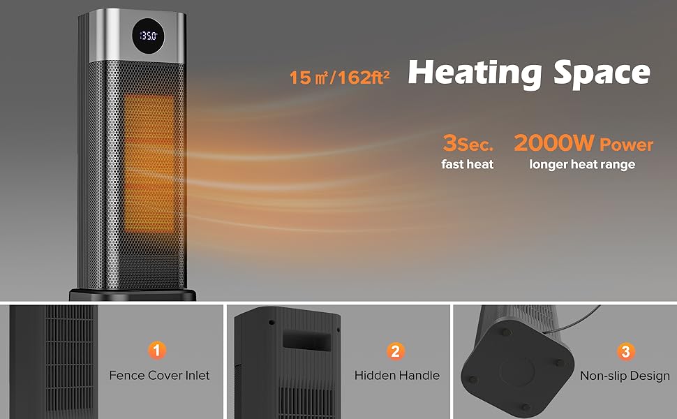 Електричний обігрівач PTC 2000W з термостатом, дистанційним керуванням, таймером та захистом від перегріву. Обігрівач для дому, офісу, спальні.