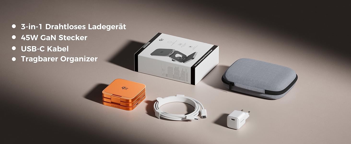 Зарядний пристрій 3-в-1 LULULOOK Ultra Kompakt Qi2.2 25W, MagSafe для iPhone 17/16, Apple Watch, AirPods, GaN 45W, помаранчевий