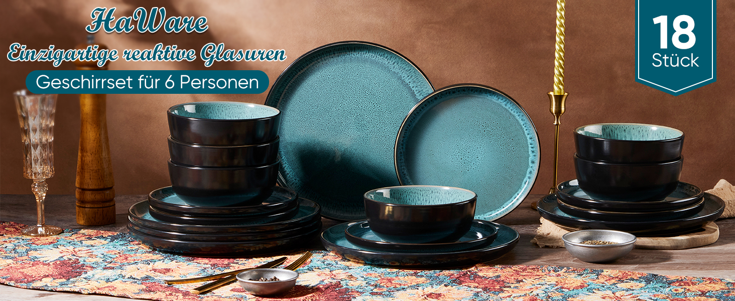 Набір посуду HaWare для 6 осіб, 18 предметів: тарілки, десертні тарілки, миски, стельова глазур, посуд для сервірування столу, блакитний колір, безпечний для мікрохвильовки та посудомийної машини