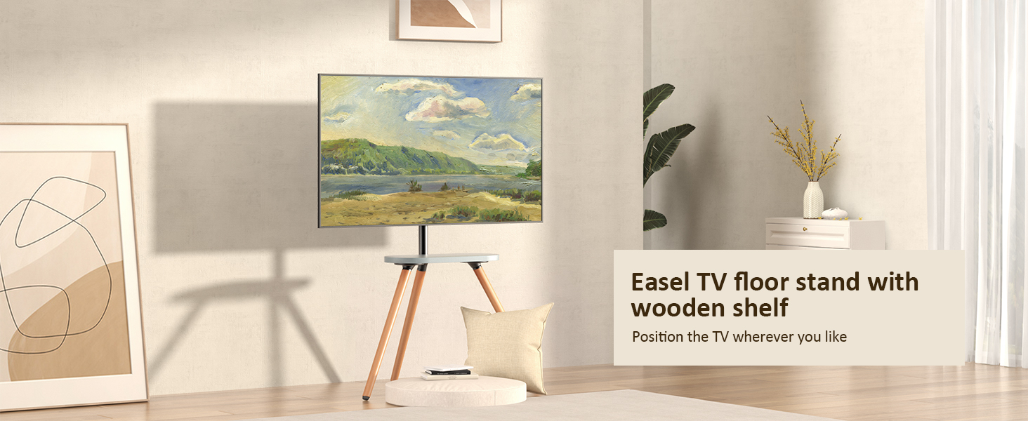 Adjustable TV Stand with Easel Design - Fits 43-65 inch TVs, Max VESA 400x400mm, 35kg Weight Capacity, Wood Tray - White (Black)