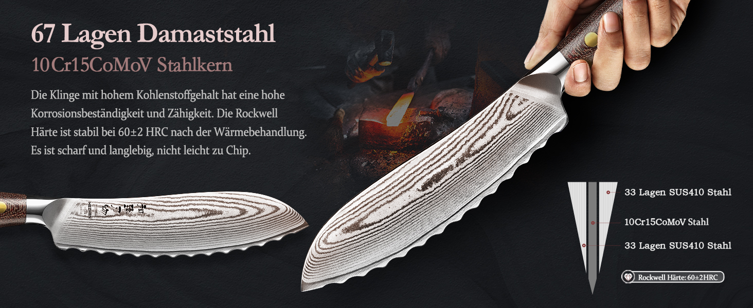 HEZHEN ніж кухарський 21 см з дамаської сталі 67 шарів, професійний, з дерев'яною піхвою, Full Tang з мікарти