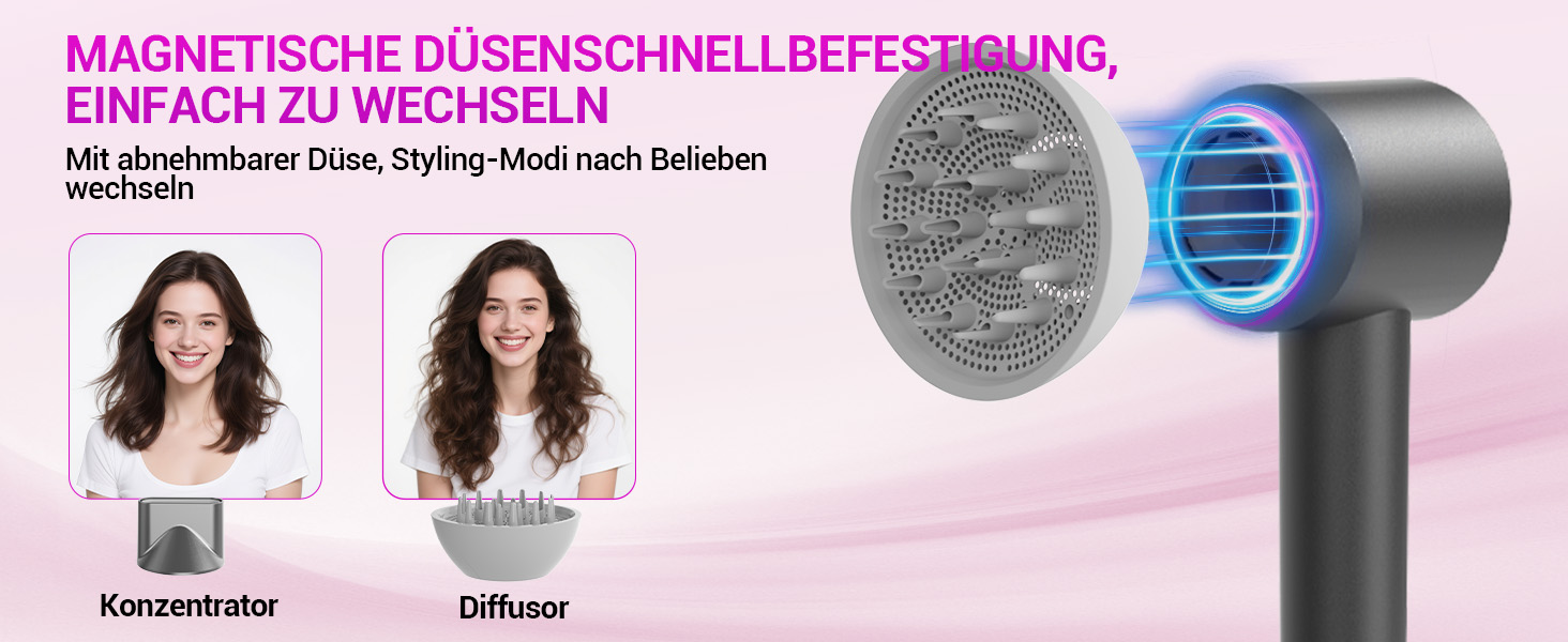 Іонний фен DMTIVMG з потужним мотором 150 000 об/хв, 200 млн негативних іонів, 4 температурні режими, 3 швидкості, швидке сушіння, магнітне сопло, тихий