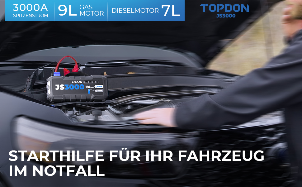 Powerbank TOPDON JS3000 для авто: пусковий пристрій, 12V, 3000A, 24000mAh, для бензинових та дизельних двигунів до 9.0L/7.0L, з EVA-кейсом