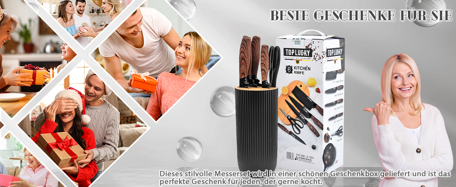 Набір кухонних ножів, 6 предметів, чорний, гострий, з антипригарним покриттям, нержавіюча сталь, з підставкою для ножів (чорний)