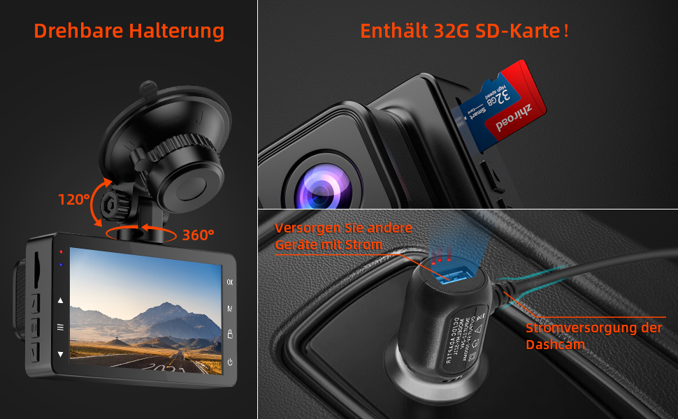 Відеореєстратор у машину Dashcam Auto з 32GB SD-картою, 1080P FHD, Нічне бачення, Широкий кут 176°, IPS-дисплей 3 дюйми, G-сенсор, Loop-запис, Виявлення руху та Паркувальний режим