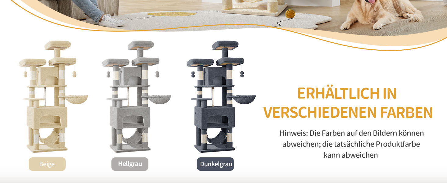 Кігтеточка для котів Hzuaneri 176 см, XL, 3 платформи, 2 печери, 7 стовпчиків, гамак, плюшеві кульки, для багатокотових домівок, MS17618SG (Бежевий)