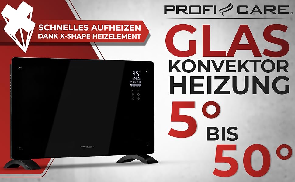 ProfiCare® Електричний обігрівач з скляною передньою панеллю та X-подібним нагрівальним елементом | Мобільний обігрівач, підходить для настінного монтажу | Конвектор з 2 рівнями нагріву | Безшумний обігрівач - 0dB | PC-GKH 3119 чорний