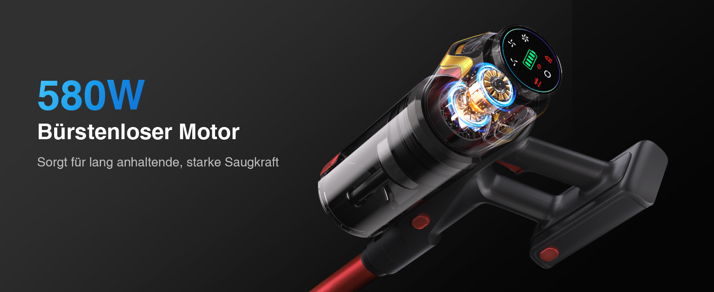 Бездротовий акумуляторний пилосос 45000Pa/550W/65хв, об'єм 1,6л з дисплеєм, антизаплутана щітка, самостійна парковка, док-станція на стіні, 8-шарова фільтрація, тихий, для шерсті тварин/килимів/твердих поверхонь/автомобіля (червоний)