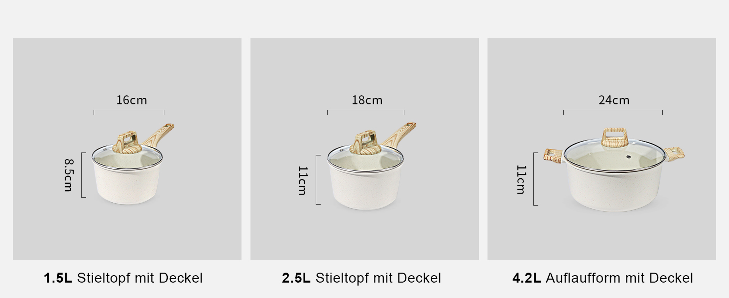 Набір посуду GiPP 17-ти частинний: каструлі, сковорідки з антипригарним покриттям, сковорідки 24+28 см, каструля 4.2 л, каструлі 16+18 см, сковорода для омлету з 4-ма отворами, лопатка та ложка, підходить для всіх типів плит (білий)