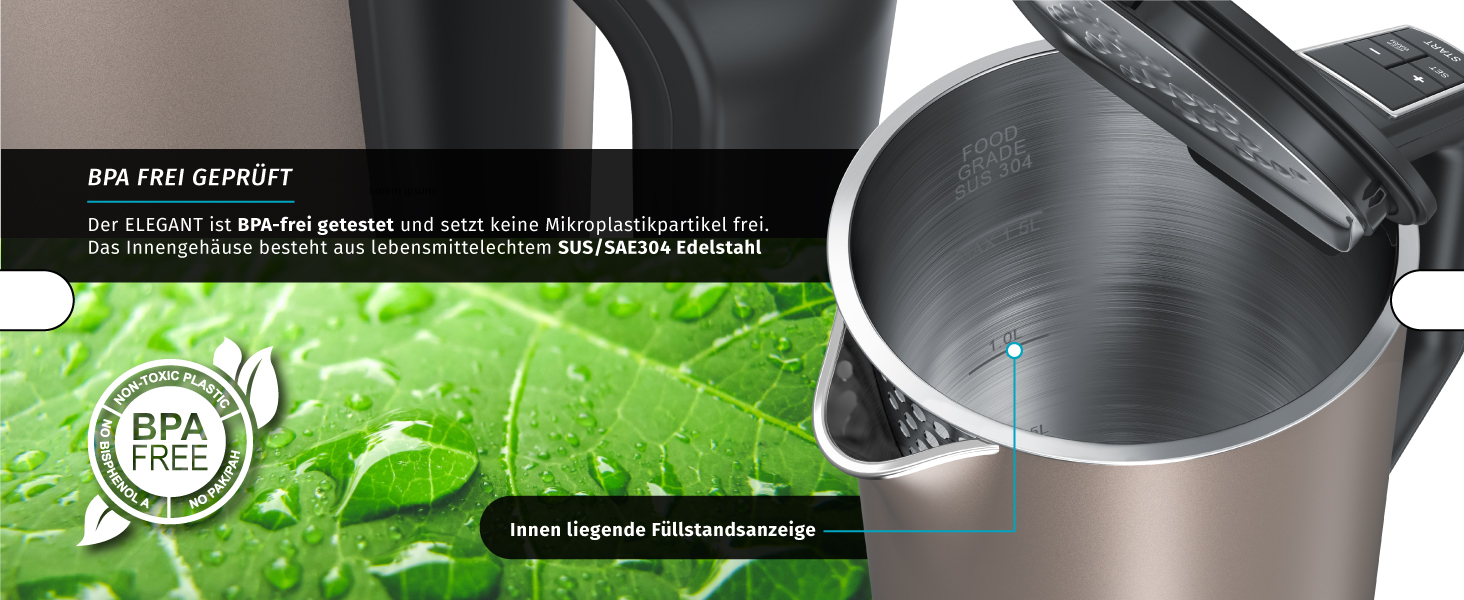 Arendo - Stainless Steel Kettle with Temperature Setting 40-100 Degrees in 5 Degree Increments - Double-Walled Design - Model ELEGANT - 1.5 Liter - 2200 W - Tea Kettle with Temperature Display - GS - Black (E: Bronzo)