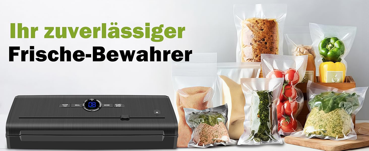 Вакуумний пакувальник KLGFI 7-в-1: професійний апарат для пакування продуктів з подвійною зварювальною швом, з нарізкою та цифровим лічильником. У комплекті 50 вакуумних пакетів. Чорний колір.