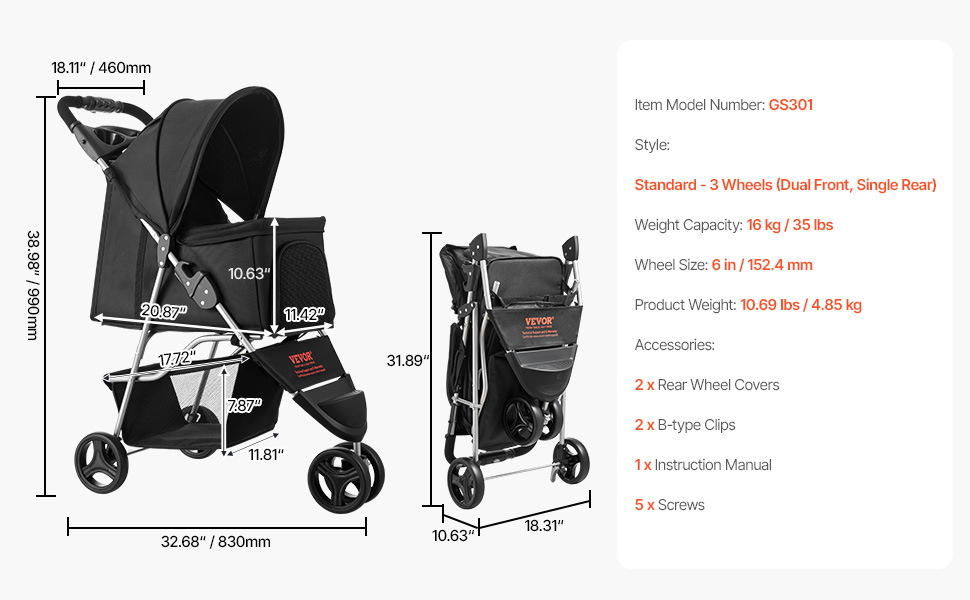 VEVOR 3-Wheel Pet Stroller - Dog & Cat Buggy, 16kg Capacity, Foldable with Cup Holders & Brakes