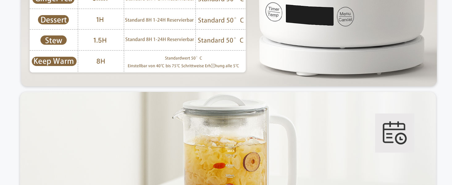 Електричний чайник Glas 0.6L, 500W, регулювання температури 40-75°C, таймер, сенсорне управління, BPA-free, компактний, для кухні/спальні/кемпінгу, для чаю/кави, білий