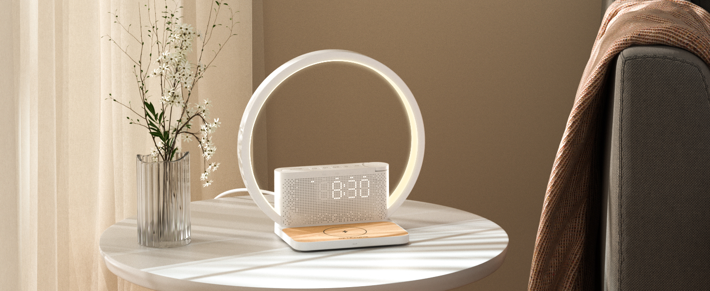 Нічна лампа RETEYUNG з бездротовою зарядкою 10W, 2 будильники, денний світловий будильник, 10 заспокійливих звуків, сенсорне регулювання яскравості (3 рівні), стиль арт-деко