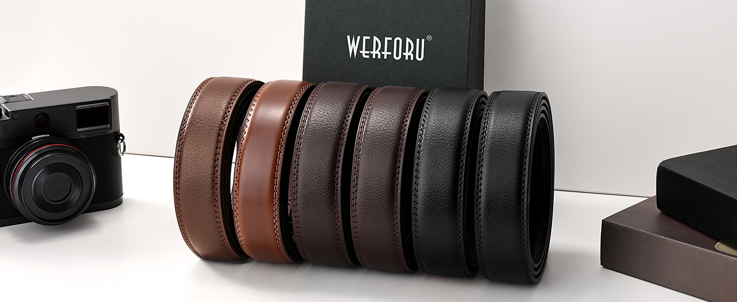 Чоловічі шкіряні ремені WERFORU (2 шт.) з автоматичною пряжкою, для костюма та повсякденного одягу, чорний + коричневий, 145 см, розмір талії 105-125 см