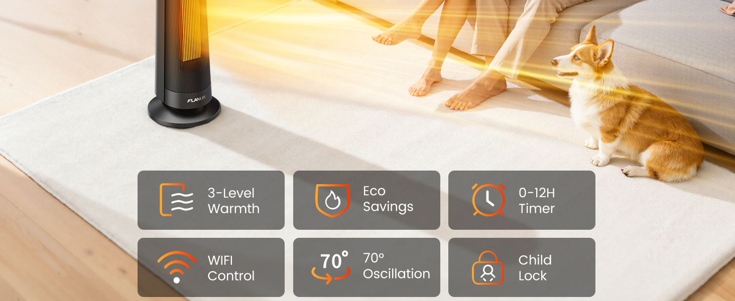 Електричний обігрівач PTC 2000W з керамічним нагрівачем, тихий, з термостатом та пультом керування, ECO режим, 70° осциляція, 12h таймер, захист від перегріву та перекидання, чорний, 1 шт.