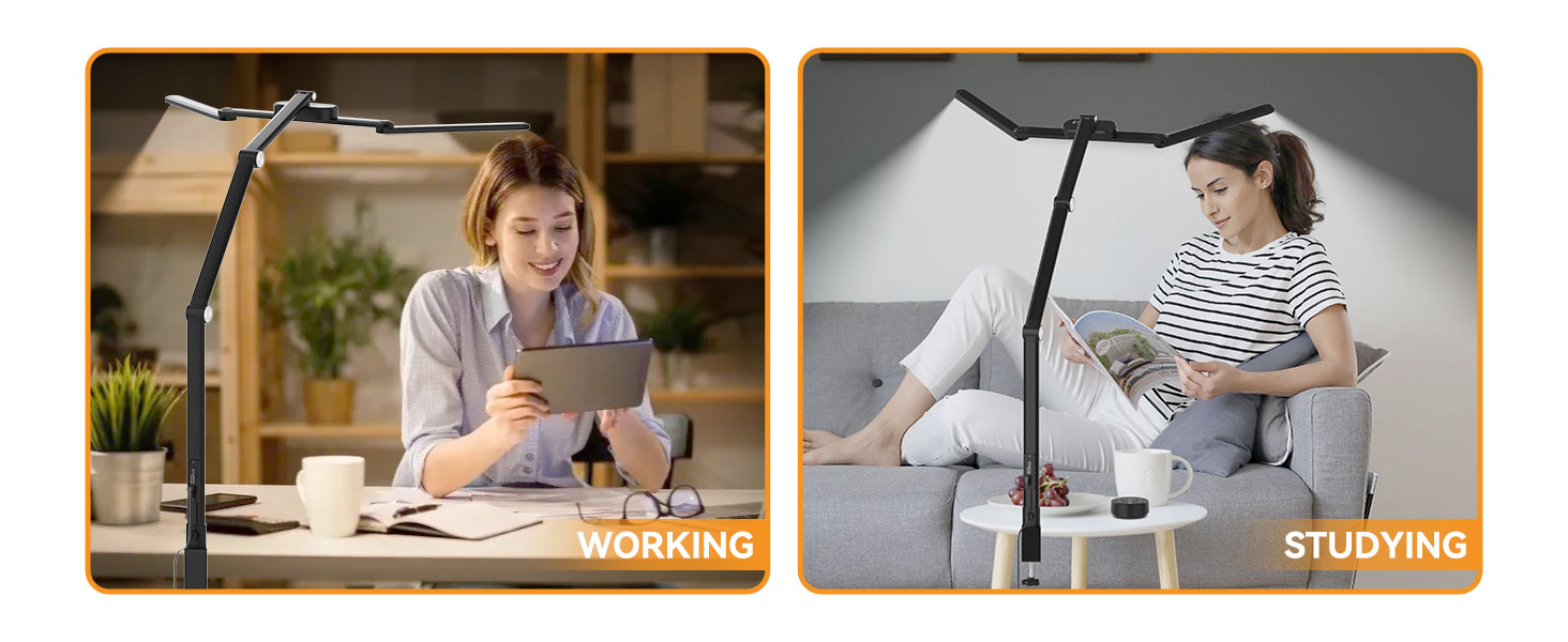 LED лампа для столу Rigors 60 см з двома головками, диммування, 900 лм, денне світло, захист очей, кріплення, 5 кольорів, 10 рівнів яскравості, гнучкий шийка 360°, з адаптером живлення (Th-black)