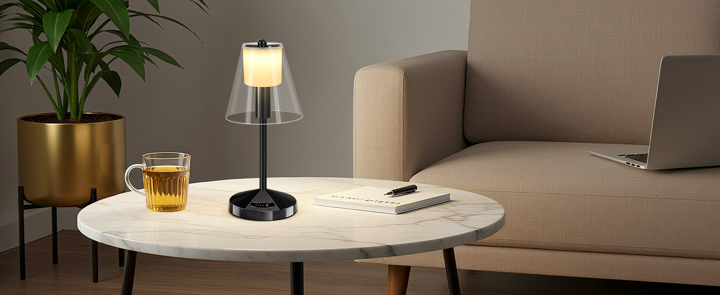 OUTON Бездротова LED-лампа настільна з торканням, регулювання яскравості, 3 режими кольору (3000K–6000K), акумулятор 4000mAh, USB-C, до 120 годин роботи, пам'ять, для спальні, бару та декору, чорна