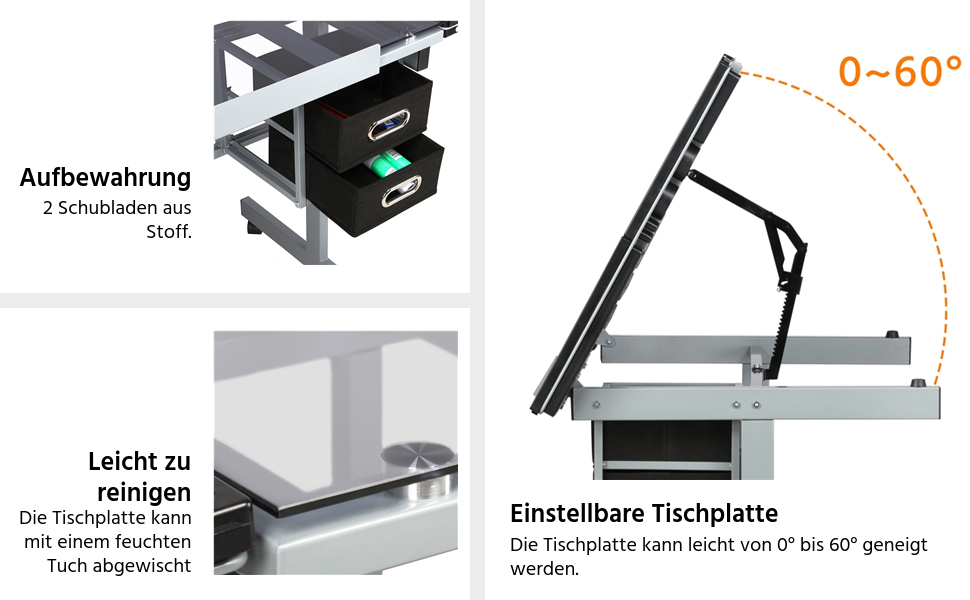 Yaheetech Adjustable Drafting Table - Tilting Glass Top Desk for Architects, Artists & Painters - 90cm x 60cm
