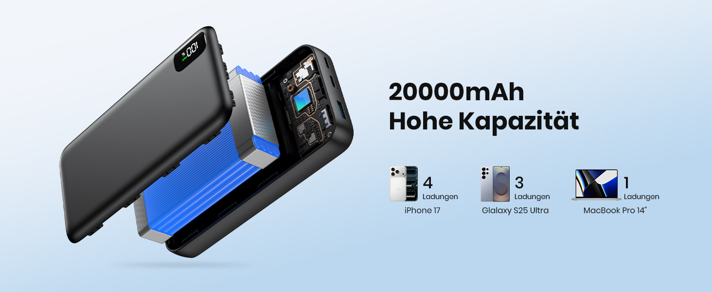 Power Bank A ADDTOP 20000mAh 65W: зарядний пристрій для ноутбука, iPhone, iPad. 2 USB-C, 1 USB-A. Чорний