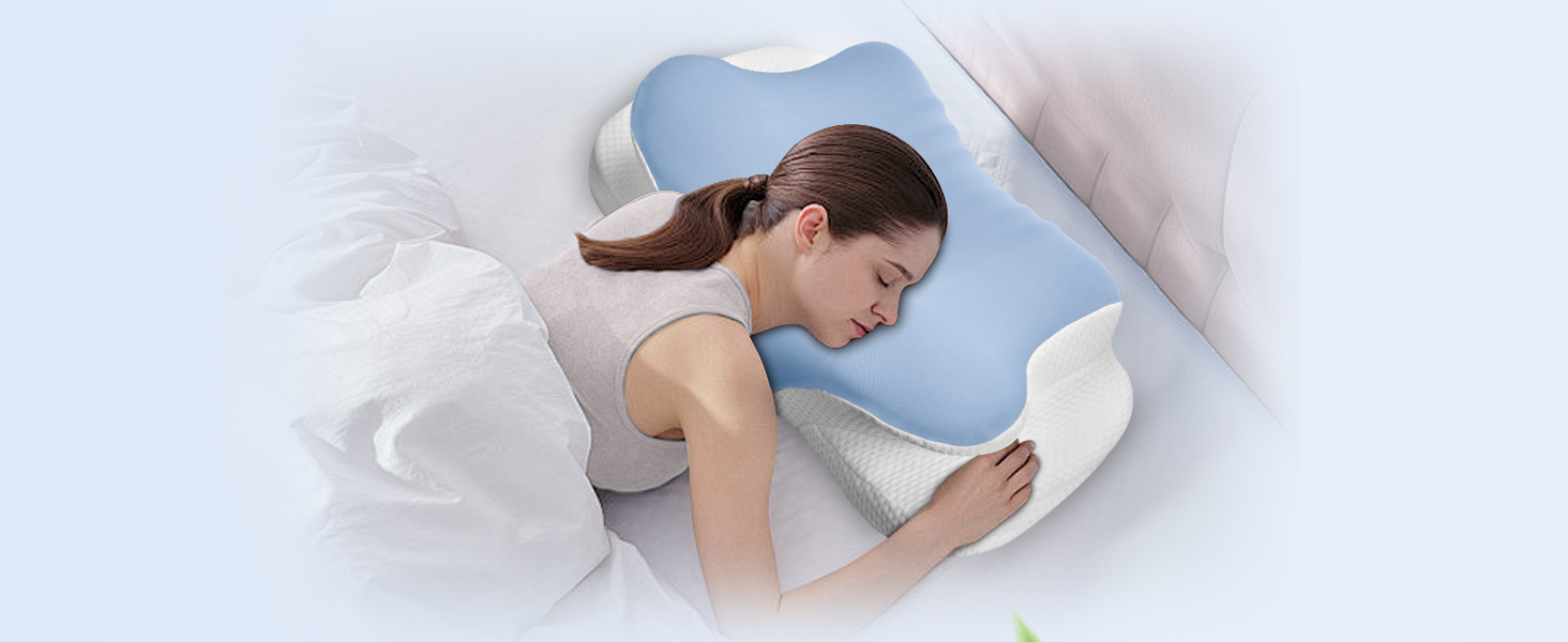 Подушка для шиї Ehomfory з ефектом пам'яті, дихаюча, ергономічна, для сну на боці, спині та животі (Блакитна)