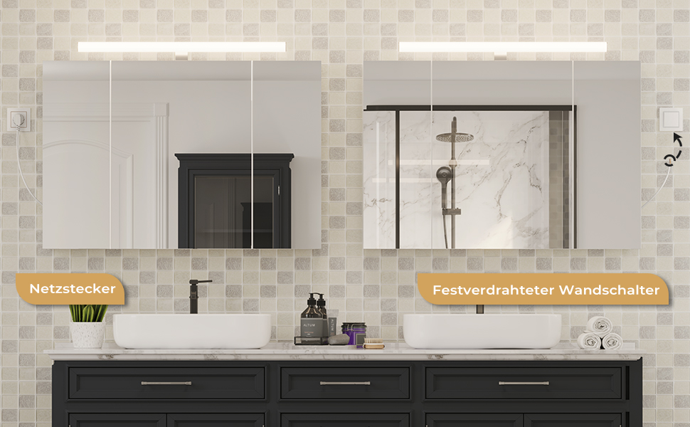 Дзеркальна шафа для ванної кімнати DICTAC з LED-підсвічуванням, розеткою та вимикачем (90x16x60 см), 3 дверцята, білий колір