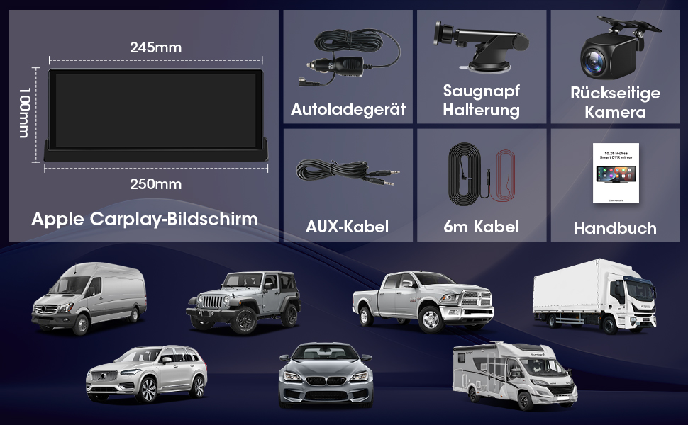 Автомобільний дисплей 10,26'' CarPlay/Android Auto з сенсорним екраном, підставкою, камерою заднього виду, GPS-навігацією, підтримкою Siri/Google для авто 2025, Buddy Display