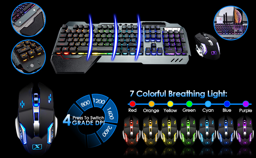Набір бездротової клавіатури, миші та гарнітури для геймінгу, 4 в 1, RGB підсвічування, клавіатура з підставкою для зап'ястя, миша та Bluetooth-гарнітура
