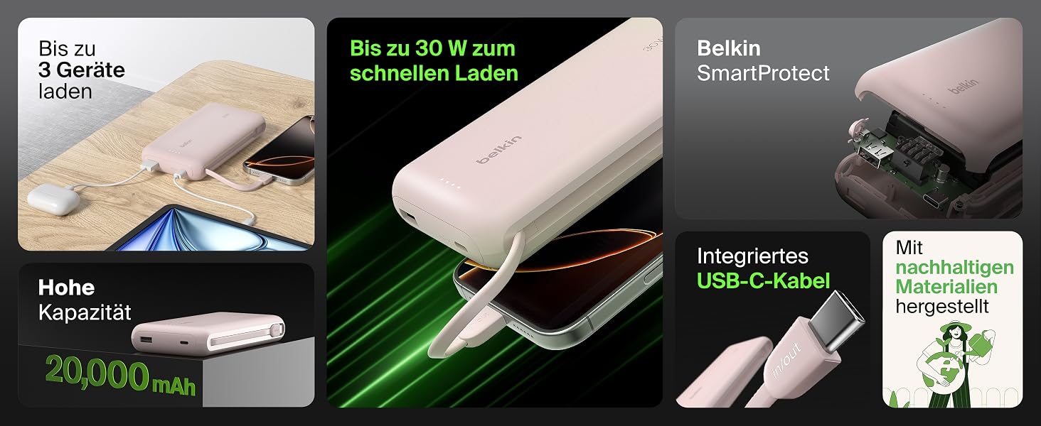 Повербанк Belkin Portable Powerbank 20000 mAh з вбудованим кабелем USB-C, швидка зарядка PD 30W для iPhone 16, iPad Pro, Samsung Galaxy S25, рожевий
