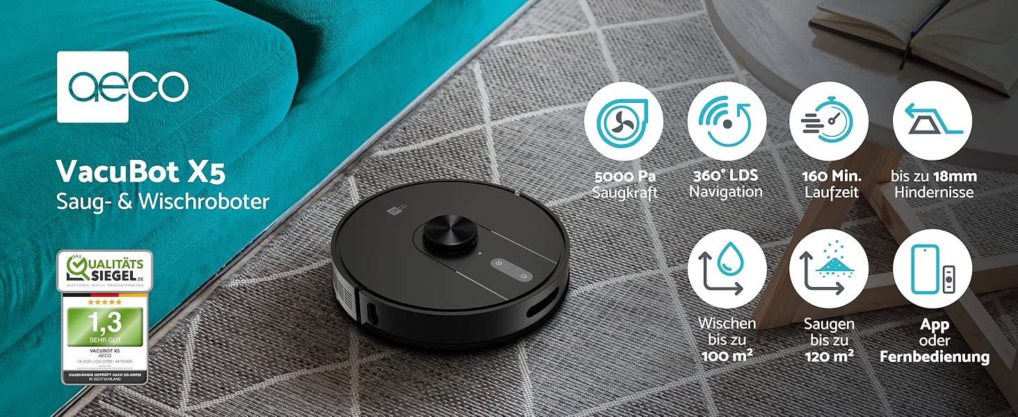 Робот-пилосос Aeco X5 VacuBot з функцією миття підлоги. Потужність всмоктування 5000Pa, лазерна навігація, час роботи до 160 хвилин, керування через додаток та пультом. Ідеально для шерсті тварин, килимів та твердих підлог.