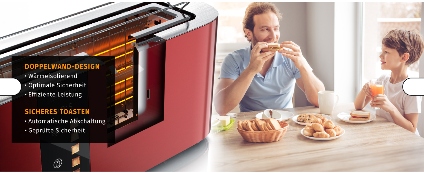 Тостер Arendo з нержавіючої сталі, 2 слоти, сенсорний дисплей, подвійні стінки, насадка для тостів, 6 рівнів підсмажування, центрування хліба, таймер, пам'ять - Чорний (D: Karminrot)